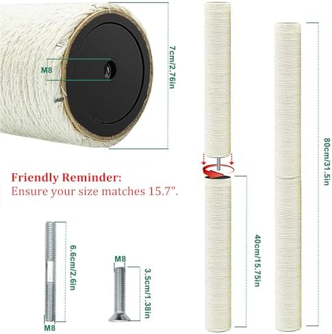 Cat Scratching Post Replacement Pole, 2 PCS 15.7in Cat Tree Replacement Post, Natural Sisal Cat Tree Replacement Parts with M8 Screws, Cat Scratch Post for Refurbishment (15.7in/40cm) - Image 2