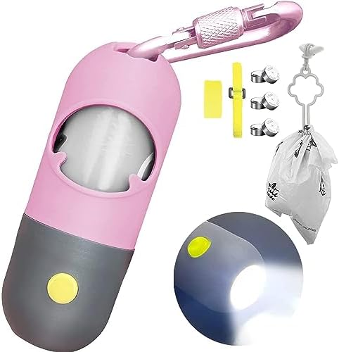 Dog Poop Bag Dispenser with Built-in LED Flashlight and Metal Clip for Leash, Pet Waste Bag Holder, Dog Walking Accessory (Pink) by Infinite+Node