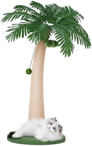 43.3inch Palm Tree Shape Style Sisal Cat Tree Scratching Post Cats, Wear Resistant Cat Claw Scratcher with Plush Stable Base & Hanging Toy Ball, Green by TSCOMON
