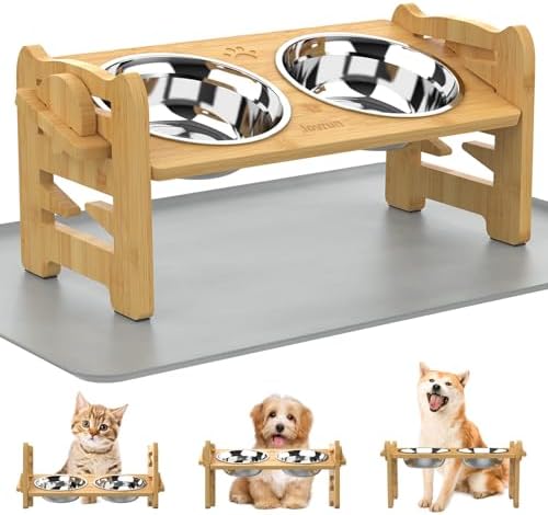 Jovrun Elevated Dog Bowls, Adjustable Raised Dog Bowl Stand for Small Size Dogs and Cats, Durable Bamboo Dogs Feeder with 2 Stainless Steel Bowls and Non-Slip Feet, Pet Food Bowl with Mat by Jovrun