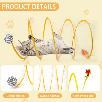2-Pack Large Cat Tunnel Beds - Indoor & Outdoor,Kitten Collapsible Spring Tunnel Toy with Feather and Bell,Interactive Spring Toys for Cats & Kittens（Yellow） - Image 2