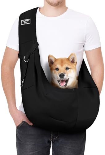 Dog Sling Carrier with Padded Strap, Reversible Pet Carrier for Cat Dogs, Hands Free Puppy Sling with Pocket, Dog Carriers for Small Dogs Cats, Cat Purse Bag Outdoor Travel Safety Harness by AUYAO