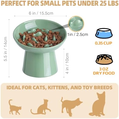 Ceramic Elevated Slow Feeder Cat Bowl - 6" Raised Cat Food Bowl for Bloat Relief & Anti-Vomiting, Whisker Friendly Ceramic Cat Slow Feeder for Indoor Cats, Kittens, Puppies - Green(1pc) - Image 2