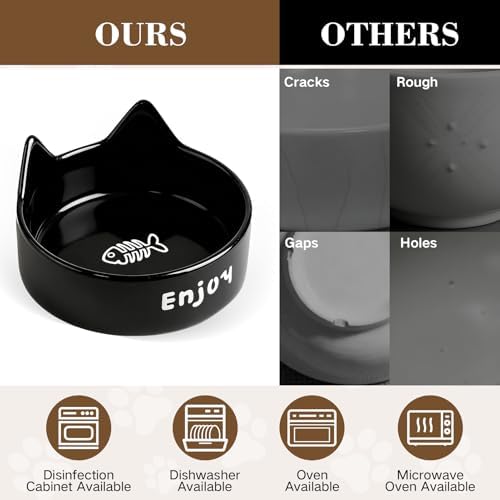 Ceramic Dog and Cat Bowl Set with Wooden Stand Elevated Non-Slip Weighted Anti-Spill Matte Finish for Cats Kittens Small Dogs-Black Cat Ear-6.76 OZ - Image 4