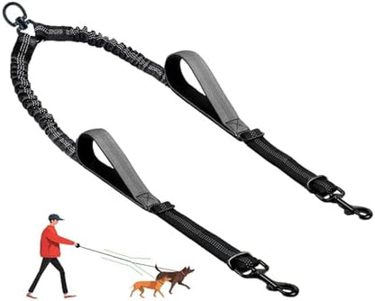 Double Dog Leash - No Tangle Splitter for Two Dogs, Coupler with Adjustable Long Lead Rope, Dual Control Handles, Retractable No Pull Bungee, Walk Train Small Medium Large 2 Pets (Grey) by LEOSASA
