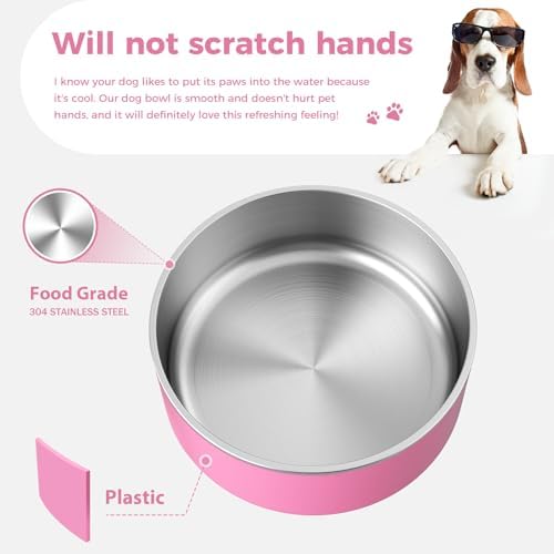WENBOKMIN Dog Bowl, Stainless Steel Food and Water Bowl, 64oz, Pink | Non Slip Quiet Bottom, Easy to Clean, Dishwasher Safe - Image 6