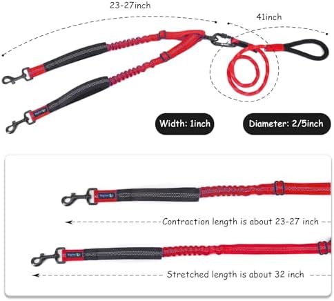 Double Dog Leash No Tangle – Dual Dog Leash for 2 Dogs with Shock Absorbing Bungee, 360° Swivel, Reflective Safety, Heavy Duty for Medium & Large Dogs (Carnation Red) - Image 6
