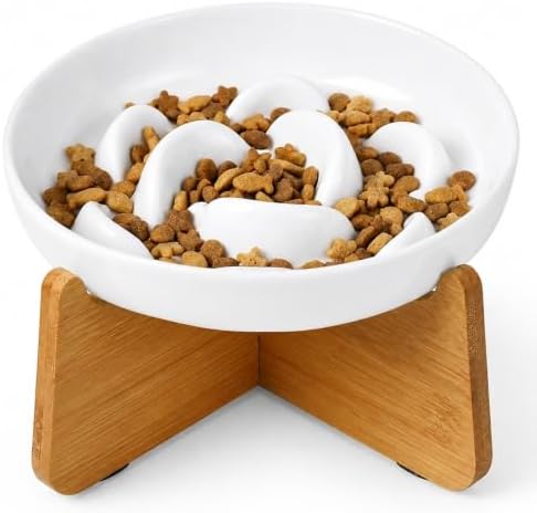 Elevated Slow Feeder Cat Bowl - Melamine Cat Food Plate with Anti-Slip Bamboo Stand - Whisker Friendly Feeding Bowl - Raised Maze Dish for Slow Eating - Ivory White by PTOBER