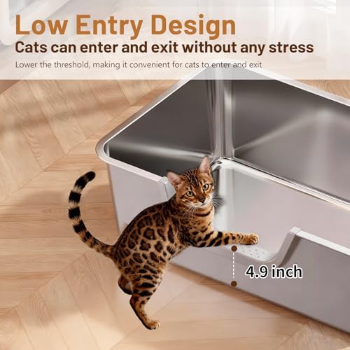 Stainless Steel Cat Litter Box, Steel Litter Pan with Curved Low Entry, Leak Proof 6 Inch High Side for Urine, Easy Entry for Kittens Older Cats, No Slip, 23.6" x 15.7" x 7.9", Silver - Image 3