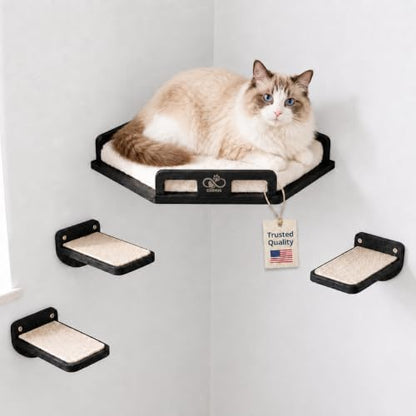 Cat Wall Shelves, Solid Wood Corner Bed, 3 Steps, Up to 25 lb, Black by CUBHUG