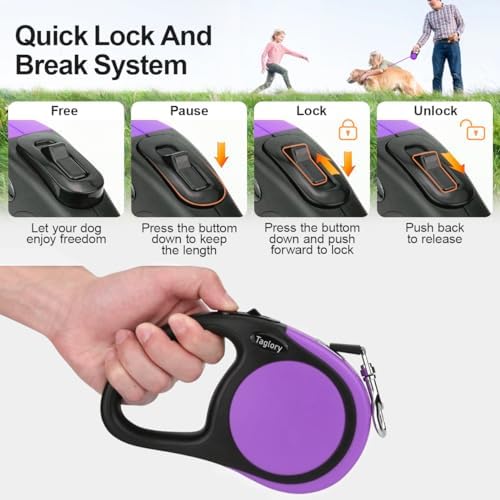 Taglory Retractable Dog Leash, One-Handed Brake, 16ft, Up to 44 lbs, Purple - Image 3