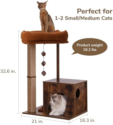 FUKUMARU Retro-Modern Cat Tree, Small Wooden Cat Tower with Post and Condo - Image 3
