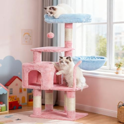 Heybly Cat Tree with Toy, 43.3 inch Cat Tower condo for Indoor Cats, Cat House with Padded Plush Perch, Cozy Hammock and Sisal Scratching Posts, Blue and Pink HCT004SBP by HEYBLY