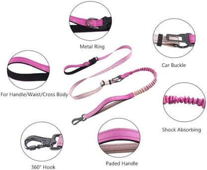 Hands Free Dog Leash for Large Medium Dogs Heavy Duty Bungee Reflective Adjustable Waist Leashes for Walking Running with Car Buckle 4-6FT (Rose) - Image 4