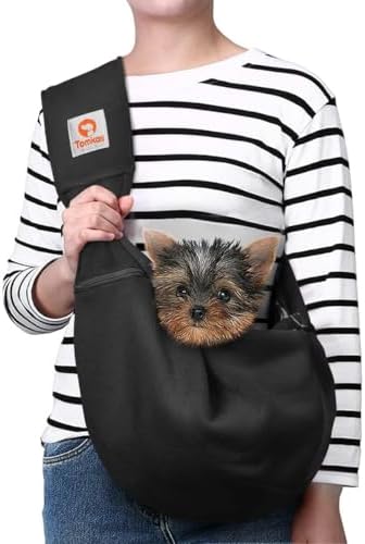 Tomkas Small Dog Cat Sling Carrier Puppy Purse Travel Wrap Soft Crossbody Pet Bag (Black, M - Zip Pocket & Adjust Strap) by TomkasFORTHELOVEOFPALS