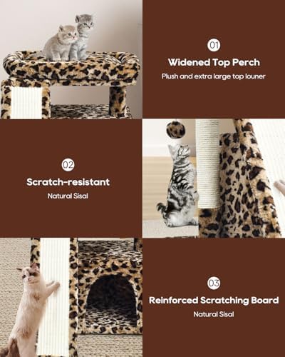 Small Leopard Print Cat Tree for Indoor Cats | Short Tower with Scratching Post, Ramp Pad, Condo with Perch Bed, Kittens Play House, Hanging Plush Ball & Cave for Resting (Leopard Print) - Image 4