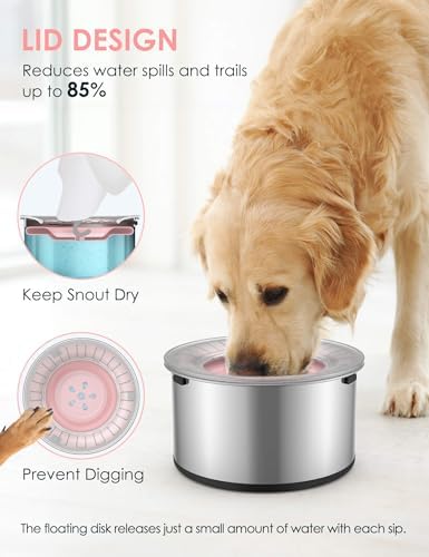 Heouvo 1 Gallon No Spill Dog Water Bowl with Slow Drink Floating Disk(Pink) - Image 4