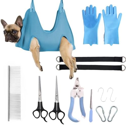 10-in-1 Pet Grooming Hammock Kit with Nail Clippers, Grooming Scissors, Comb, Gloves & Adjustable Harness for Cats & Dogs, for Nail Trimming, Bathing & Pet Grooming Helper by PWMENLK