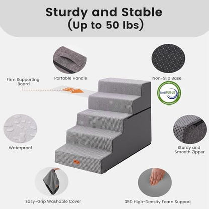 Gardner Pet Dog Stairs for Small Dogs 22.8" H, 5-Step Extra Wide Dog Stairs for High Bed, Pet Steps for Small Dogs and Cats Couch with Durable Non-Slip Waterproof Fabric Cover and Soft Foam, Grey - Image 4