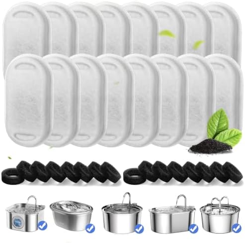 Replacement Filters for Cat/Dog Water Fountain - Stainless Steel, 108/3.2L, 67oz/2L Stainless Steel Pet Fountain(16 Filters&16 Sponges) by VinDox