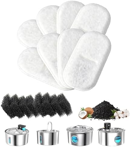 Cat Water Fountain Filter Replacement: 8 Carbon Filters & 8 Foam Sponges Kitty Spout Pump Filters for 108Oz/3.2L & 67Oz/2L Stainless Steel Pet Water Dispenser Cat Dog by Unknown