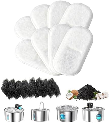 Cat Water Fountain Filter Replacement: 8 Carbon Filters & 8 Foam Sponges Kitty Spout Pump Filters for 108Oz/3.2L & 67Oz/2L Stainless Steel Pet Water Dispenser Cat Dog by Unknown