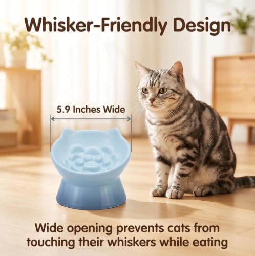 3Pcs Ceramic Cat Slow Feeder with Spoon, Raised Slow Feeder Cat Bowl, Raised Puzzle Feeder, Elevated Food Bowl, Anti Vomiting and Whisker Friendly, Non-Toxic (Blue) - Image 7