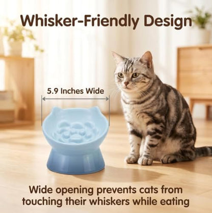 3Pcs Ceramic Cat Slow Feeder with Spoon, Raised Slow Feeder Cat Bowl, Raised Puzzle Feeder, Elevated Food Bowl, Anti Vomiting and Whisker Friendly, Non-Toxic (Blue) - Image 7