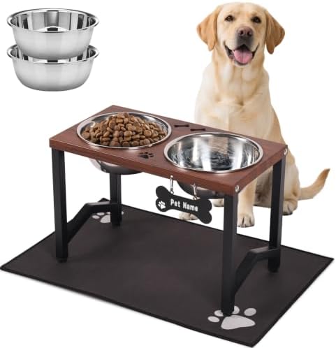 Elevated Dog Bowls, Metal Raised Dog Bowl Stand with 2 Thick 58oz Stainless Steel Food Bowls & Non-Slip Mat - 11.8" Tall for Medium/Large Breeds(Brown) by FLODOMIXHOME