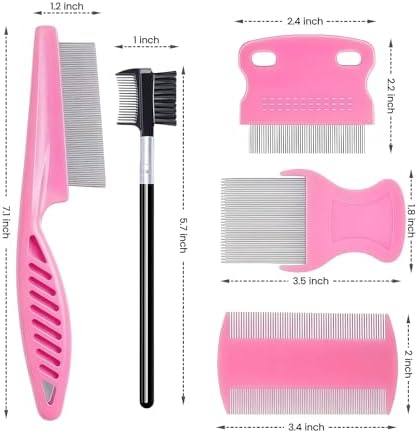 MEDUWEDU 5 Pack Flea & Lice Comb Set for Cats, Dogs & Kids – Stainless Steel Fine Tooth Nit Comb Kit with Double-Sided Tear Stain Remover, Grooming Brush & Peine para Piojos for Thick Hair (Pink) - Image 7