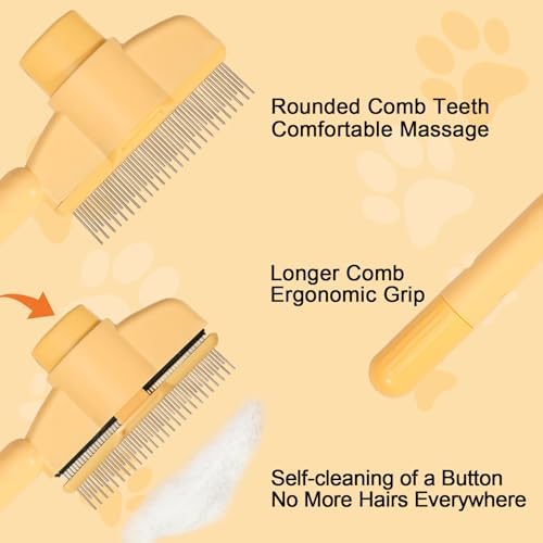 Dogs and Cats Comb with Release Button, Pet Hair Removal Tools with Safe Stainless Steel Teeth for Deshedding, Cat Grooming Supplies for Long/Short Hair, Cat Brush for Shedding, Orange - Image 4