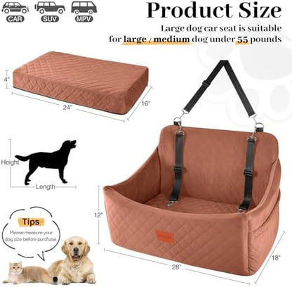 Wooaidagg Dog Car Seat for Medium & Large Dogs Up to 55lbs, Memory Foam Cushion, Washable Cover, Safety Straps & Non-Slip Base (Brown, Large) - Image 3