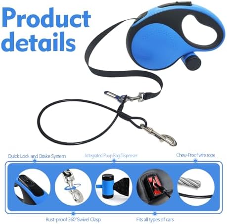 26Ft Retractable Dog Leash with Chew Proof Cable,Heavy Duty Dog Leash with Removable Poop Bags for Medium Large Dogs up to 110lbs,Strong Nylon Tape No Tangle,One-Handed Brake (Blue) - Image 3