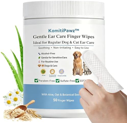 Dog Ear Finger Wipes for Dogs & Cats, Removes Ear Wax & Buildup, Better Than Ear Drops, Larger No-Slip Finger Fit for Better Control, Aloe Vera & Witch Hazel, Gentle for Sensitive Ears - 50 Count by Unknown