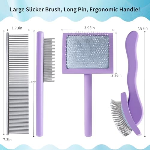 Purple Slicker Brush Long Haired Dog Wooden Handle Coated Pins - Image 3