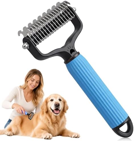 Pet Grooming Brush, Double-Sided Deshedding Dematting Tool for Dogs & Cats, Detangling Tool For Matted Fur, Ideal For Medium Or Long Haired Breeds (Blue) by Unknown