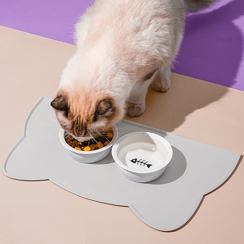 Cat Food Mat, Silicone Non Slip Dog Bowl Mat Waterproof Cat Feeding Mat Stop Food Spills and Water Messes Out to Floor Pet Food Mat (Light Gray, 20" x 12") - Image 2