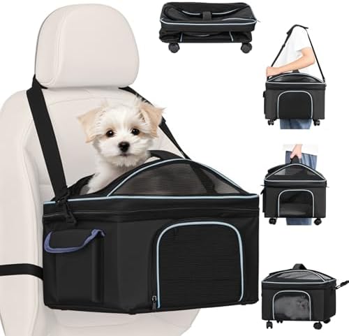 4-in-1 Cat Car Seat and Cat Carrier with Removable Wheels Booster Car Seats for Small Dogs Cats Comes with Shoulder Strap Clip-On Safety Leash and Thickened Pads, Pet Travel Carrier Bed up to 15lbs by NOVOLAB