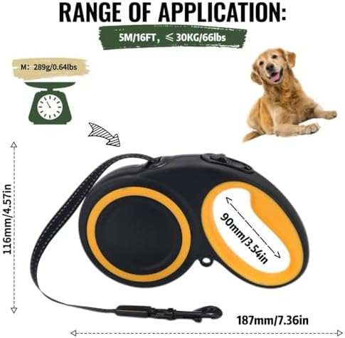 10-16FT,66LBS,Highly Reflective Retractable Dog Leash, M-Black - Image 2