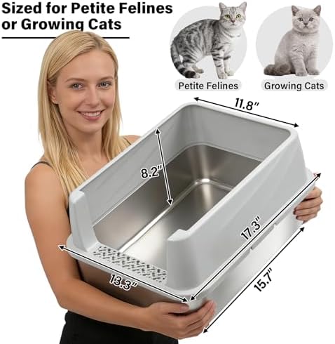 Stainless Steel Litter Box with Lid, Metal Litter Box for Kitten, Small Litter Boxes with Scoop and Mat, Low Entry,Non-Stick,Easy to Clean Litterbox for Small to Medium Cats - Image 2