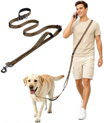 Hands Free Dog Leash by Kazazoo, Adjustable 5.5-8.5ft Waist & Crossbody Leash with Quick Off Buckle, Reflective Stitches for Walking, Jogging,Medium to Large Dogs M Size Brown by Kazazoo