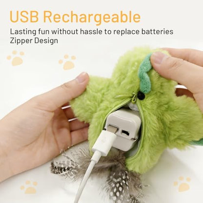 Puffluv Flapping Cat Toy,Interactive Parrot Green Flapping Bird CAN NOT Fly,Auto Chirping & Beating Wings 4 Modes, USB Charging with Catnip for Indoor Kittens Active Fun-GreenBird - Image 3