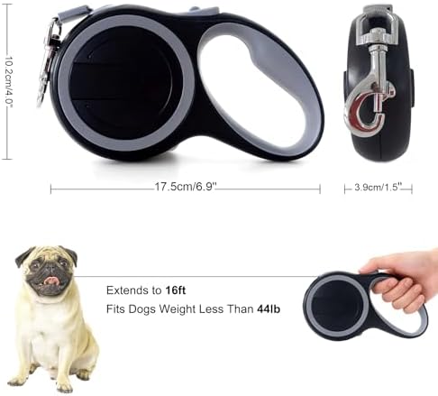 Retractable Dog Leash 16 FT Walking Leash Up to 44 lb, 360° Tangle-Free Dog Leashe, Strong Nylon Tape No Tangle, Explosion-Proof Carabiner, Anti-Slip Handle (Black, 16FT) - Image 4