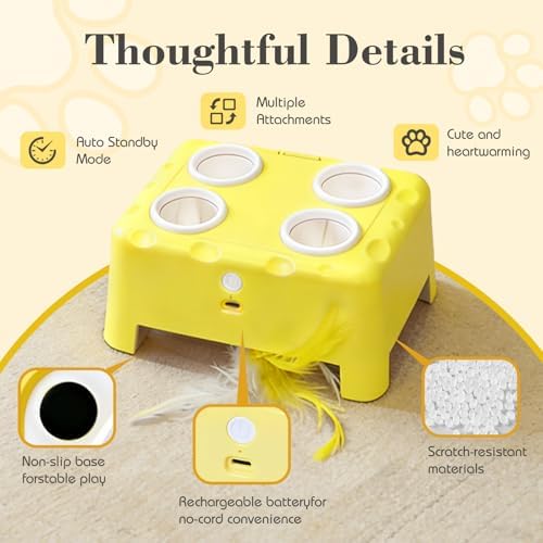 Cheese Box Interactive Cat Toy for Indoor Cats, 3-in-1 Whack a Mole Feather Toy, 3 Modes Rechargeable Auto Cat Toys for Bored Cats, 4 Holes Kitten Toy, 4 Accessories - Image 2