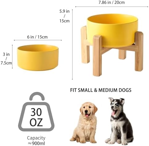 6'' Ceramic Raised Dog Bowl - 30Oz Dog Food & Water Bowl with Elevated Non-Slip Bamboo Stand, Dishwasher & Microwave Safe, Anti Vomiting Heavy Duty Pet Bowl for Small and Medium Dogs, Yellow - Image 3