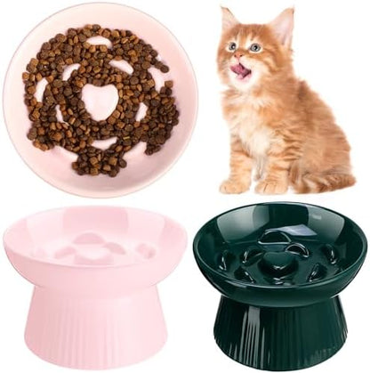 Tioncy 2 Pcs Ceramic Elevated Slow Feeder Cat Bowl, Pink, Dark Green by Tioncy