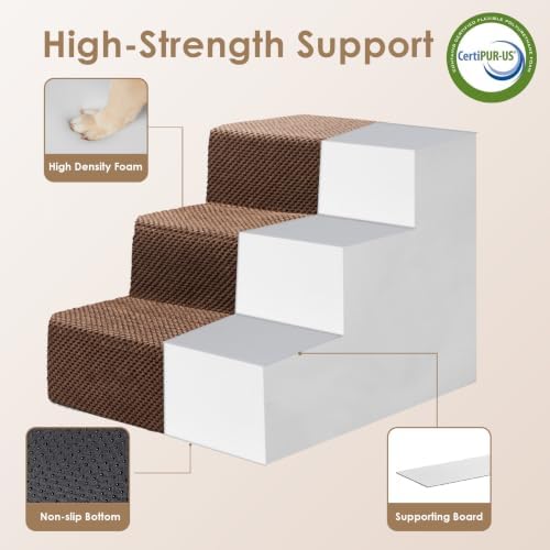 EHEYCIGA Dog Stairs 13.5" H, 3-Step Extra Wide Dog Steps, Brown - Image 4