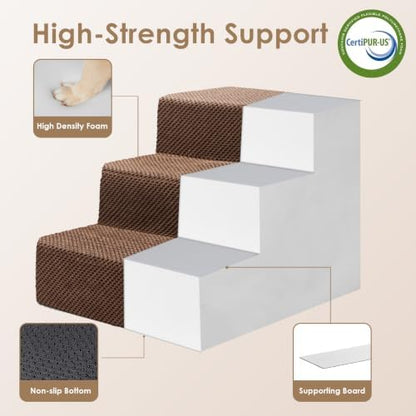 EHEYCIGA Dog Stairs 13.5" H, 3-Step Extra Wide Dog Steps, Brown - Image 4
