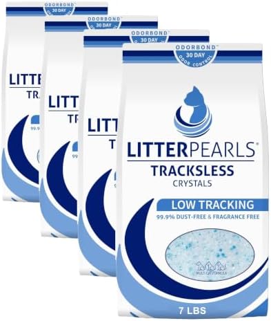 Litter Pearls Tracksless Unscented Non-Clumping Crystal Cat Litter with Odorbond, White, Clear and Blue Crystals, 7 Pound (Pack of 4) by LitterPearlsCatLitter