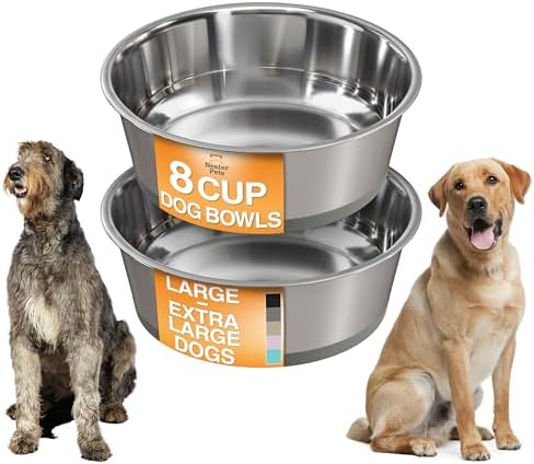 Neater Pet Brands Stainless Steel Dog Bowls with Non-Slip Rubber Bottom – Set of 2, 8 Cup (64 oz), Gray - Heavy Duty Metal Dog Bowl, Dishwasher Safe, Food or Water Bowl, Ideal for Large Dogs by NeaterPetBrands